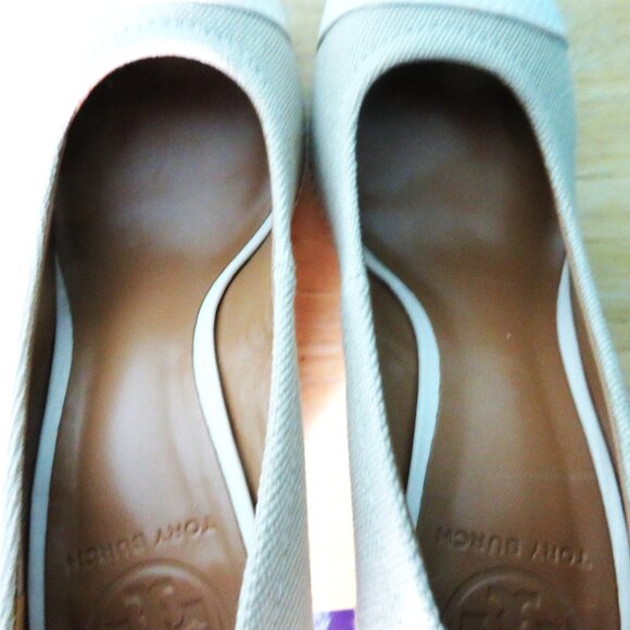 Tory Burch Shoes Wedge Heel Pumps Tan & Beige Leather & Cork Size 7 1/2 M - Picture 5 of 13